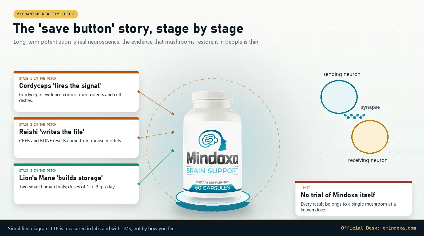 Mechanism reality check: the Mindoxa bottle between three stage cards for Cordyceps, Reishi and Lion's Mane with their evidence levels, a synapse sketch, and a card noting there is no trial of Mindoxa itself